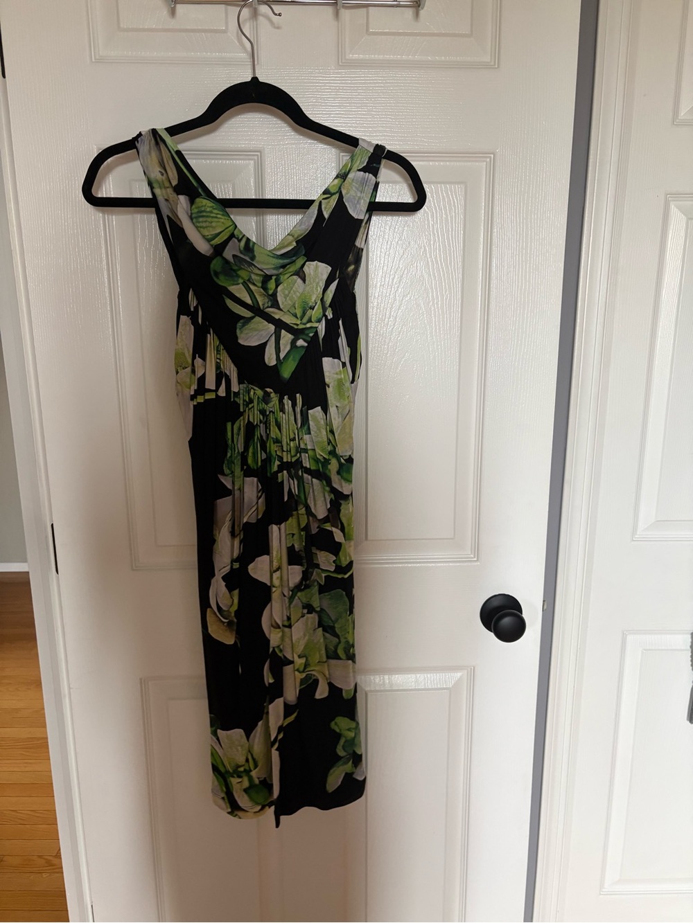 Roberto Cavalli Black Midi Dress with Green and White Floral Print